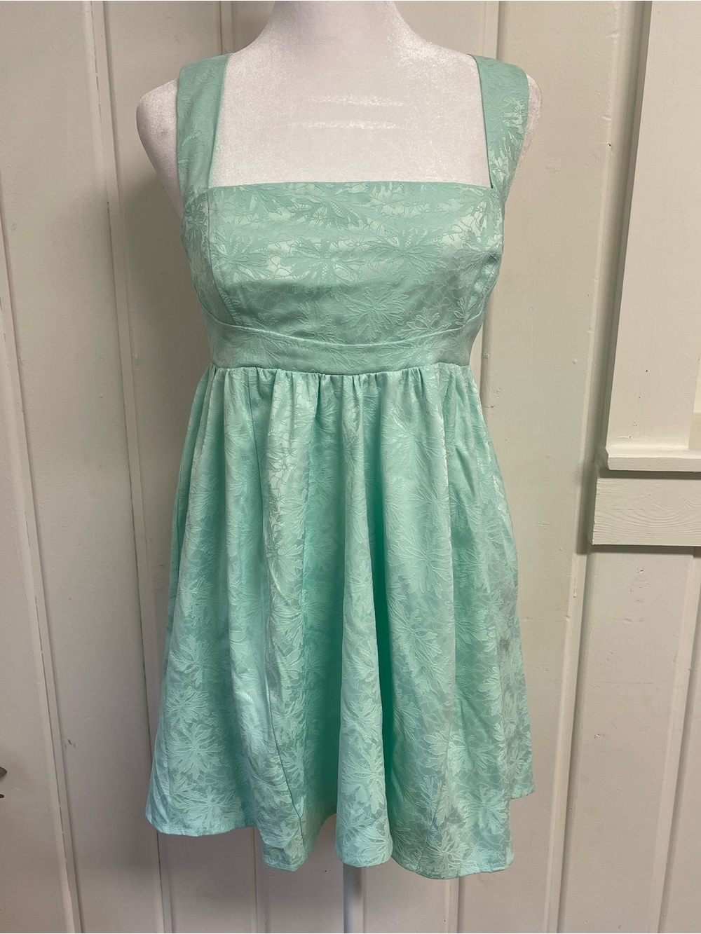 Lucy in the Sky Mint Green Floral Jacquard Tie-Back Mini Dress